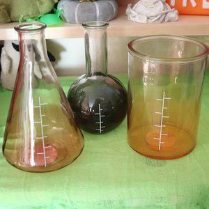 3 Large Halloween Glass Bottles - Mad Scientist Flasks Beakers *Thick Glass*